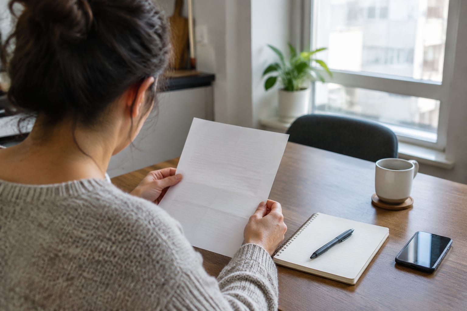 A person reading a letter at a kitchen table with a notepad and pen beside a phone