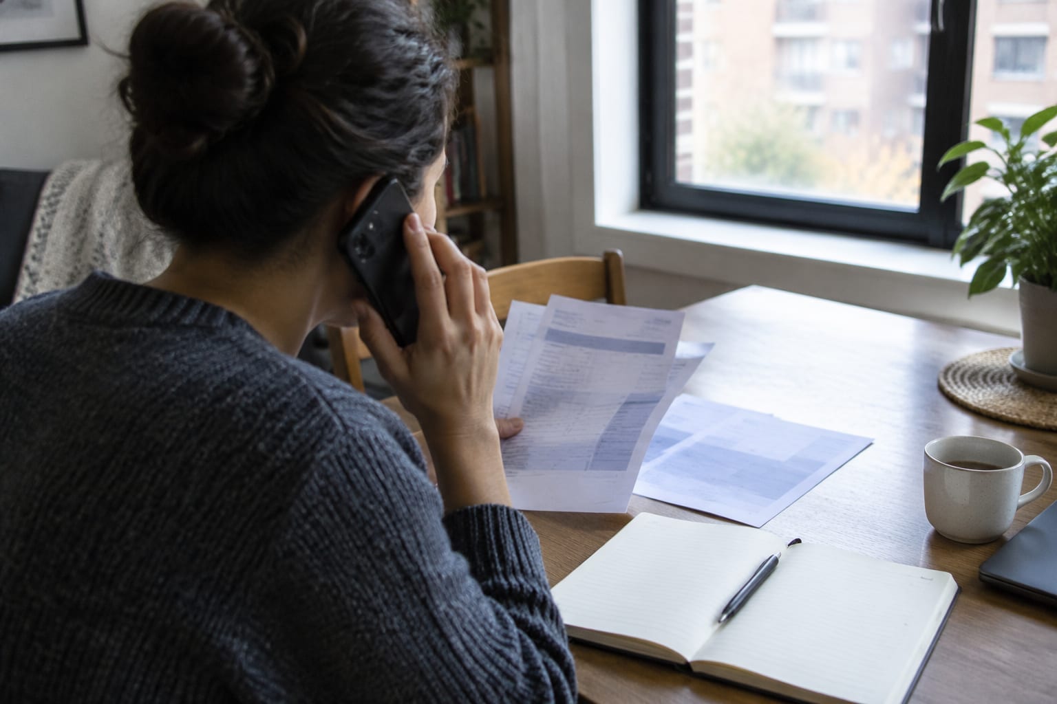 A person speaking on a phone while reviewing pay stubs and a notebook at a desk