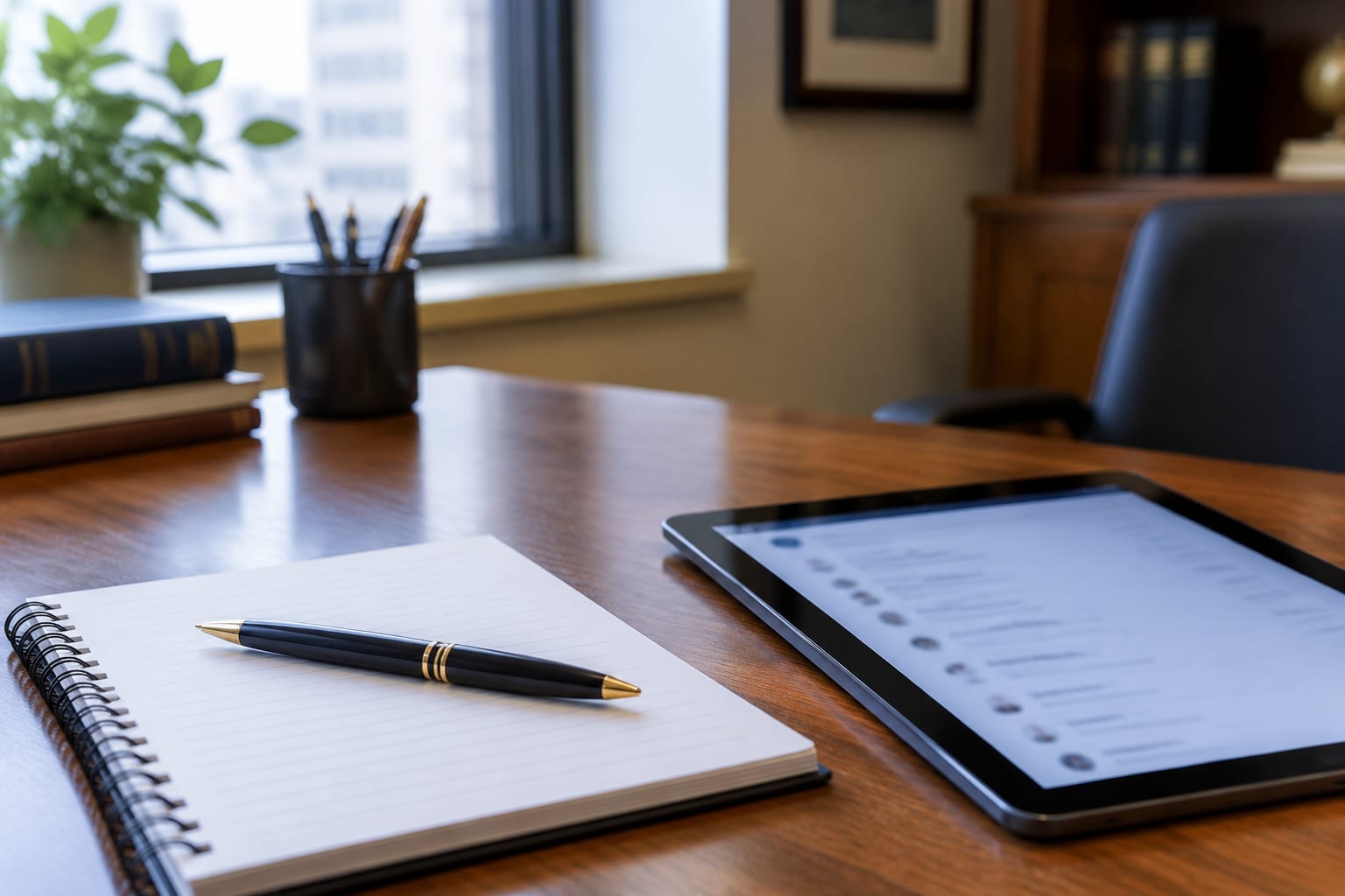 A lawyer's desk with a notepad, a pen and a tablet showing a directory search