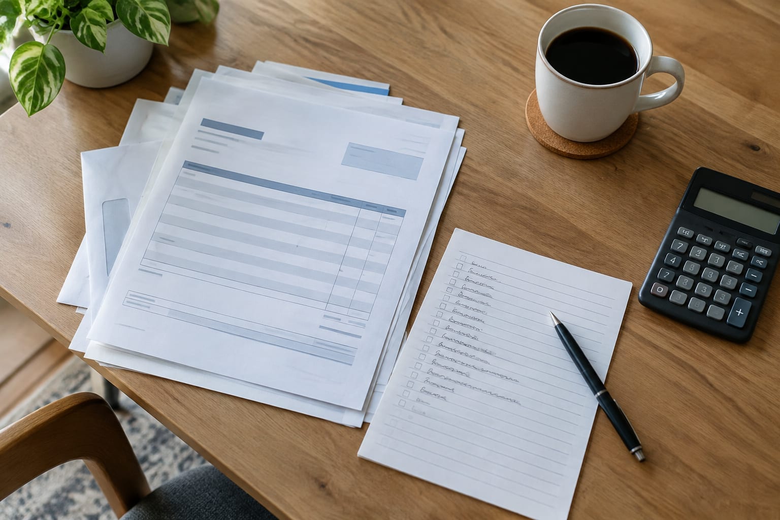 A stack of invoices and a filled-out court form on a table with a pen