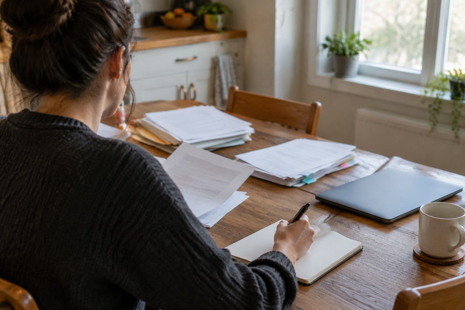 A person at a kitchen table sorting legal papers and making notes beside a laptop