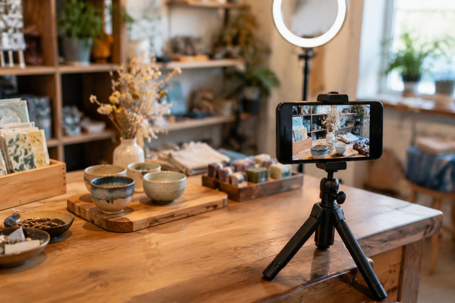 A phone on a stand filming a product demonstration in a small Ottawa shop