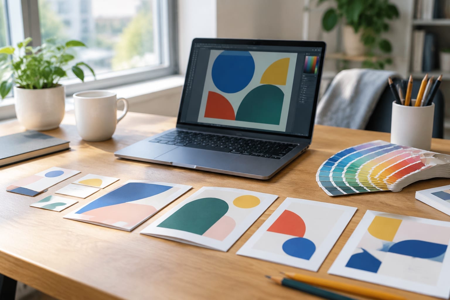 A designer's desk in Ottawa with a laptop, colour swatches and printed brand proofs