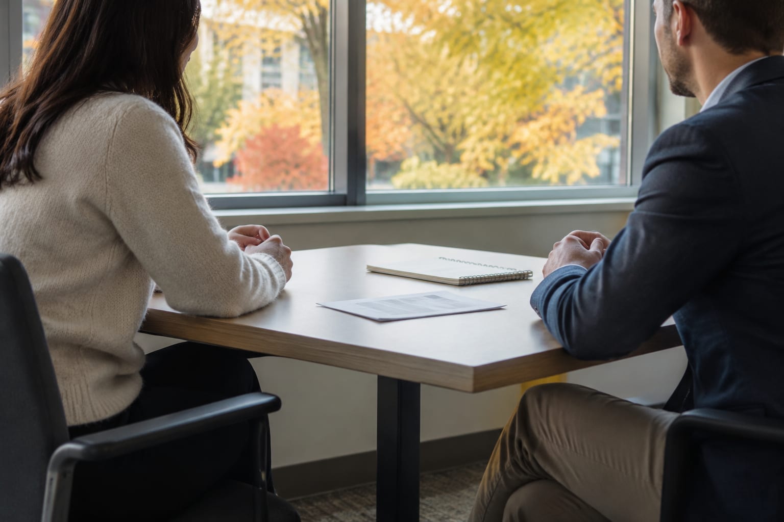 Two people in an Ottawa meeting room going through a printed marketing brief