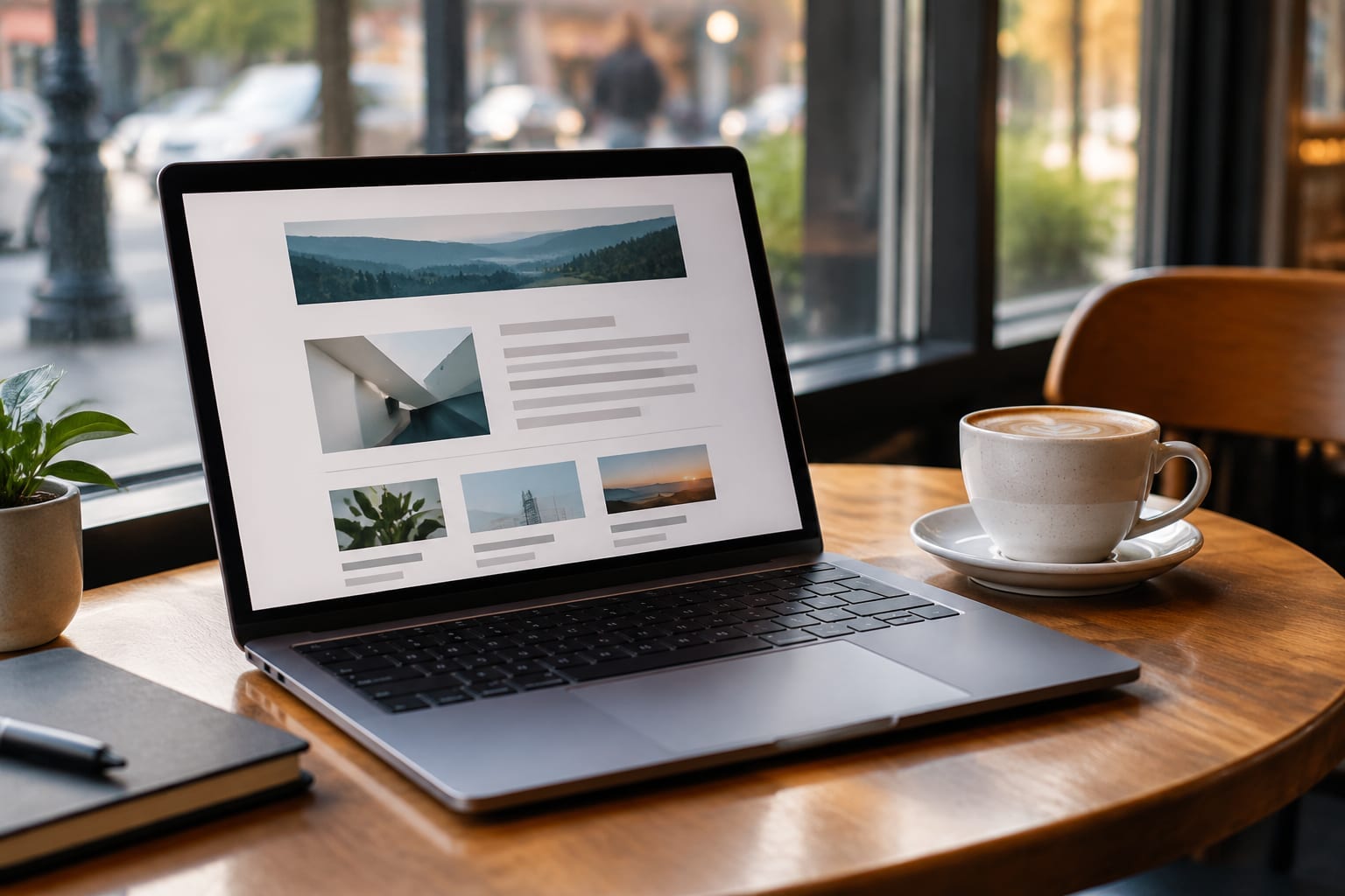 A laptop showing an email newsletter draft on a café table in downtown Ottawa