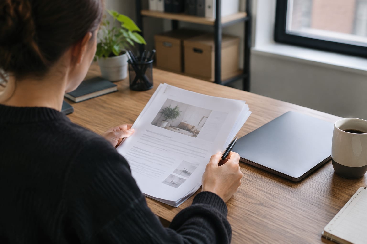 An Ottawa small business owner at a desk reviewing a marketing proposal and brand sketches