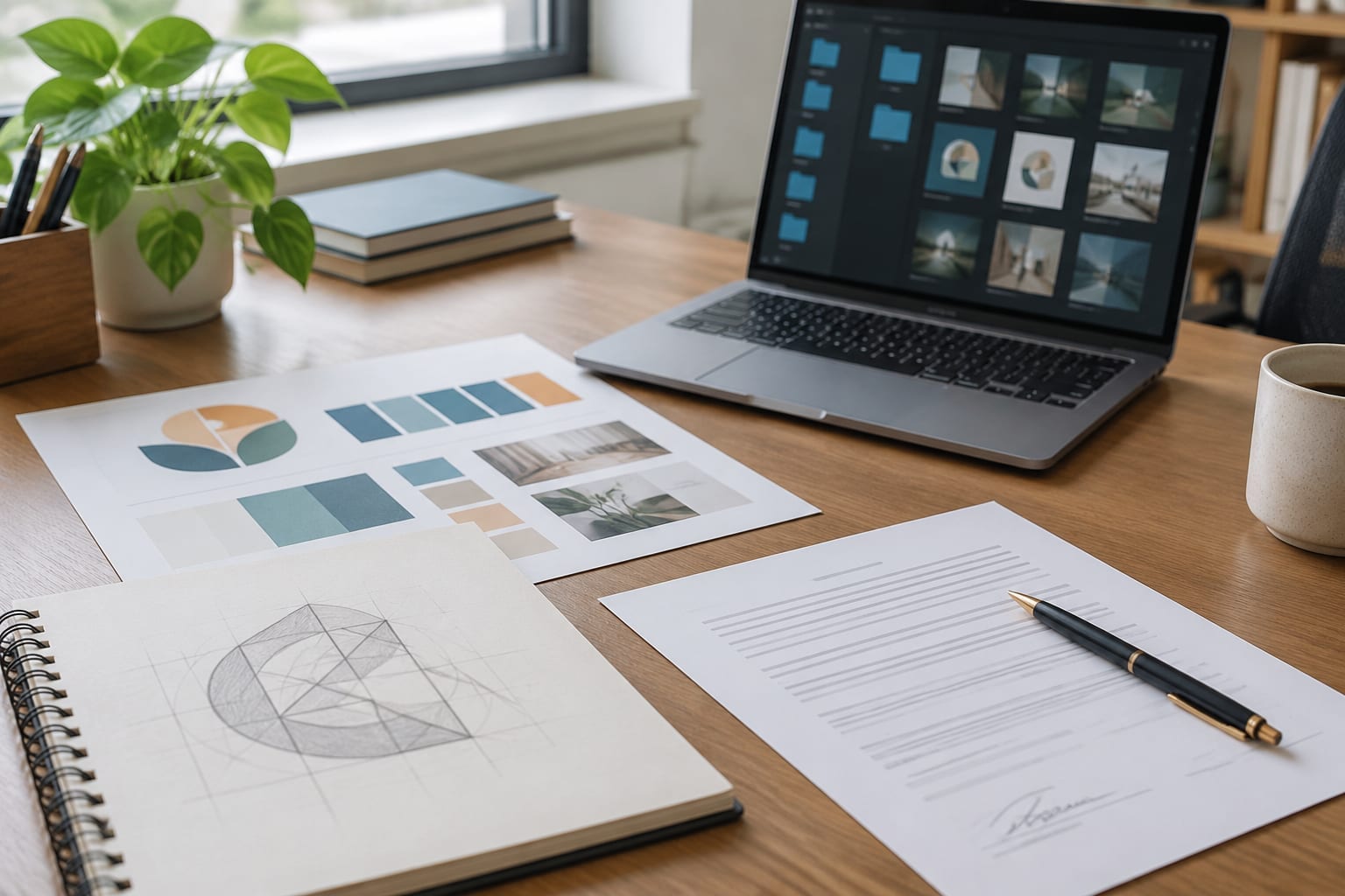 A logo sketch, a printed style guide and a laptop with design files on a desk in Ottawa