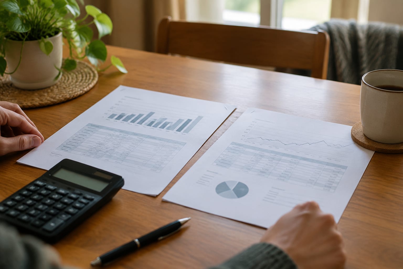 A small business owner comparing two printed quotes with a calculator at a kitchen table