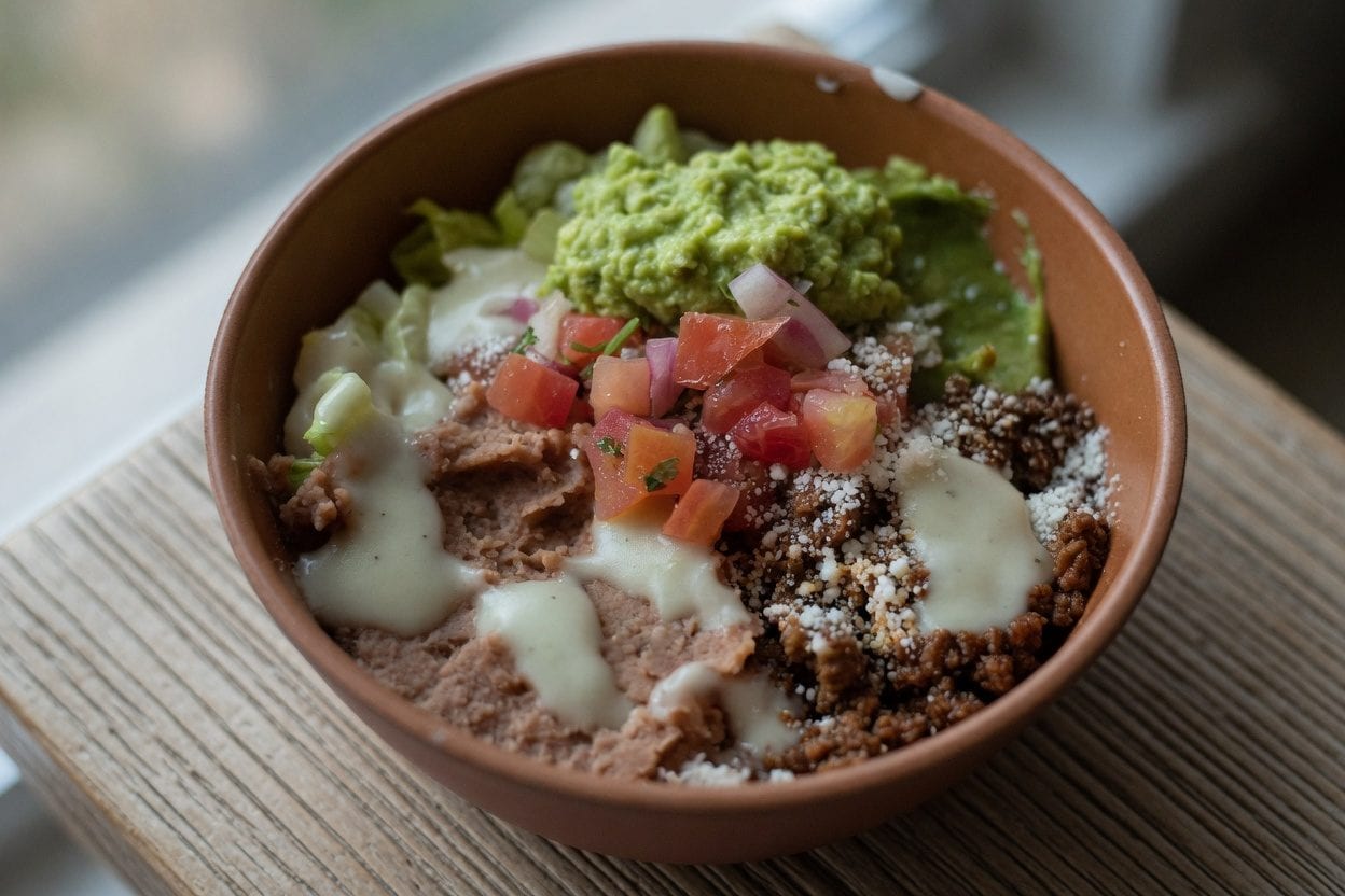 Mexican burrito bowl with fresh ingredients