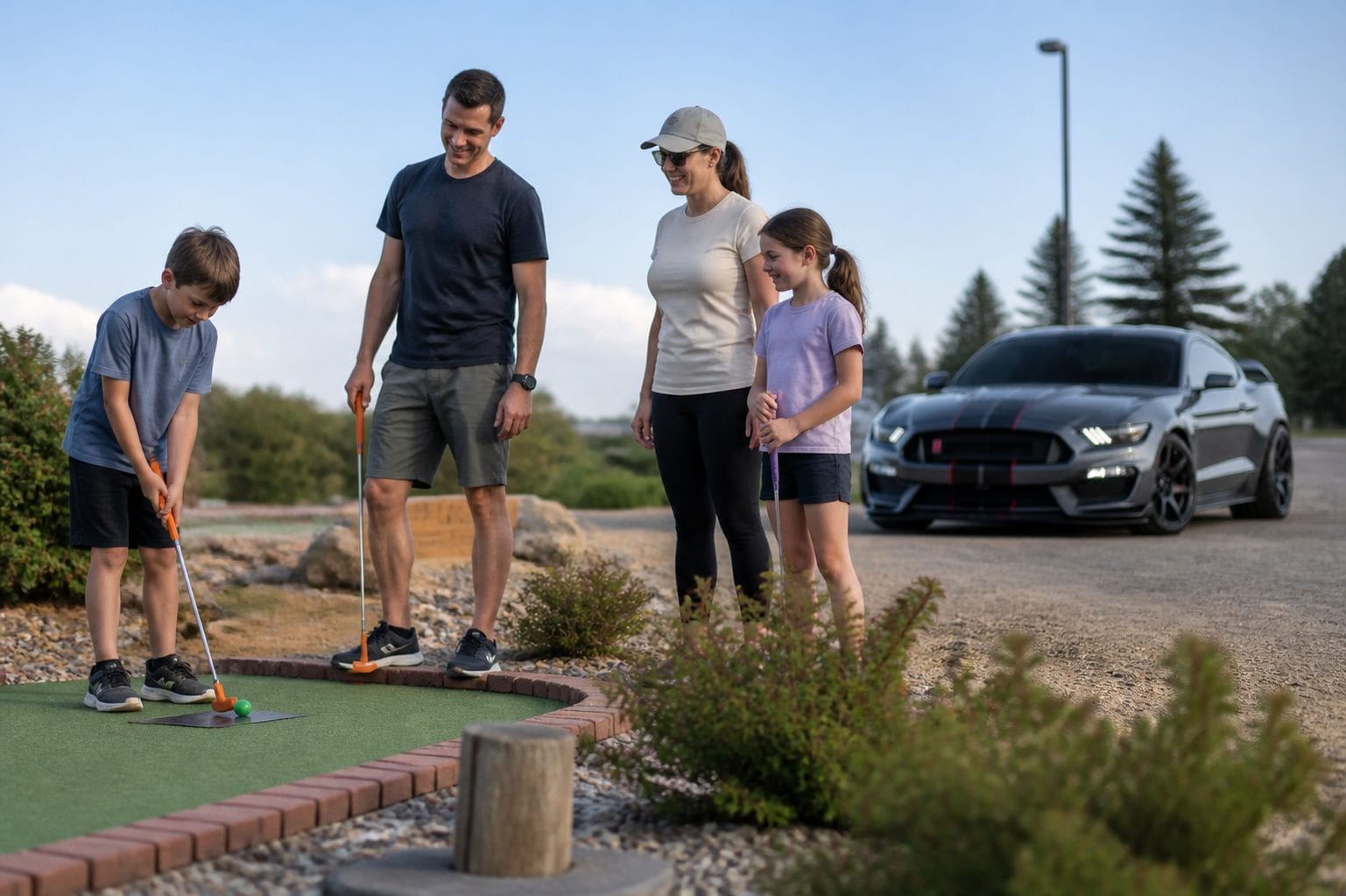 Family enjoying outdoor mini golf on a sunny day