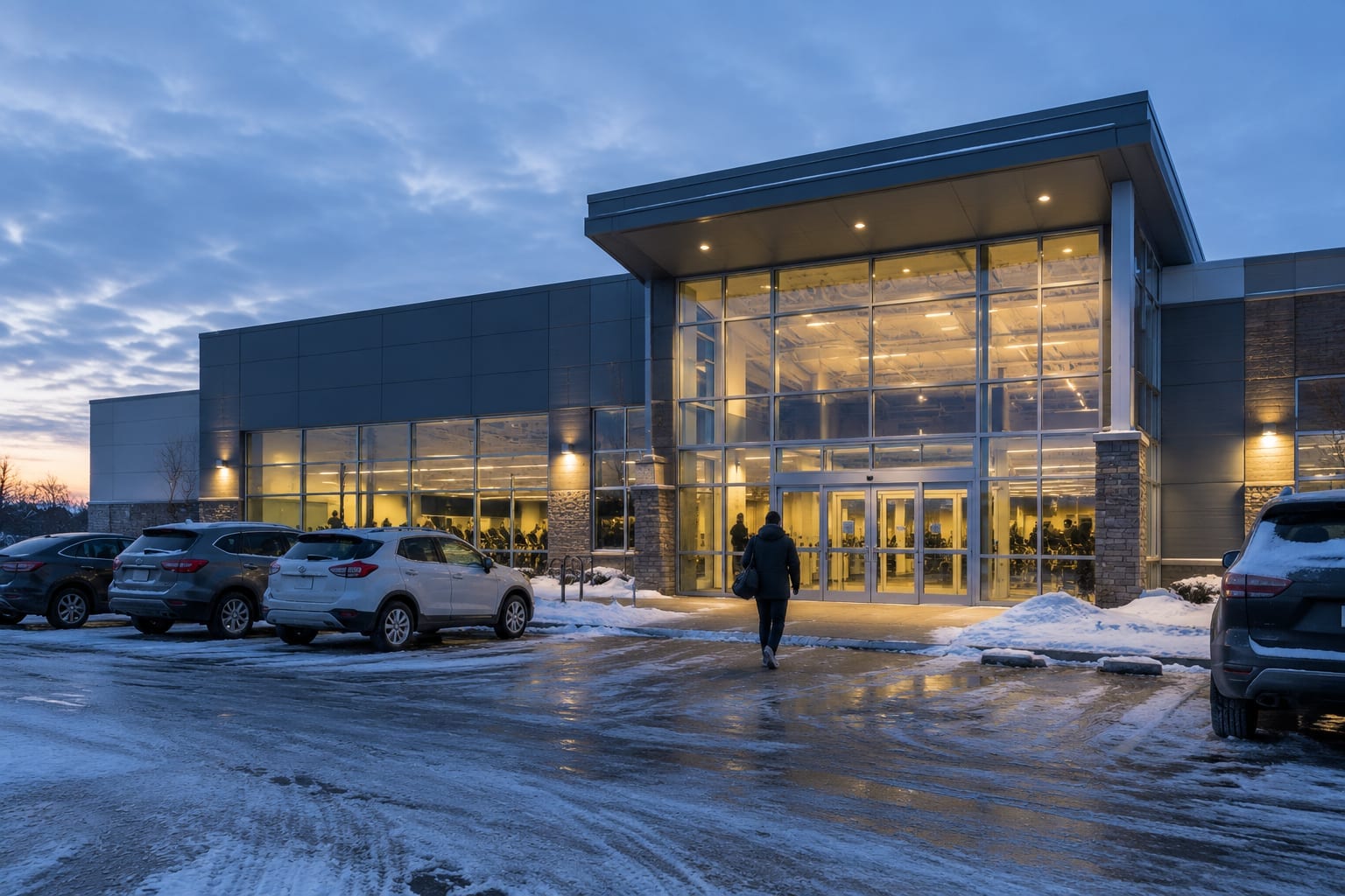 Early-morning view of a large suburban fitness club entrance with cars in the parking lot in Ottawa