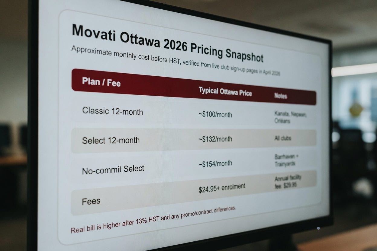 Movati Ottawa 2026 membership pricing graphic comparing Classic, Select, no-commit, and fees