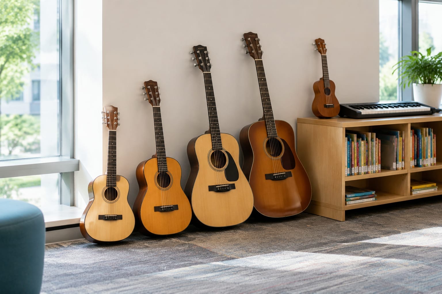 Acoustic guitars in different sizes leaning against a wall in a library room