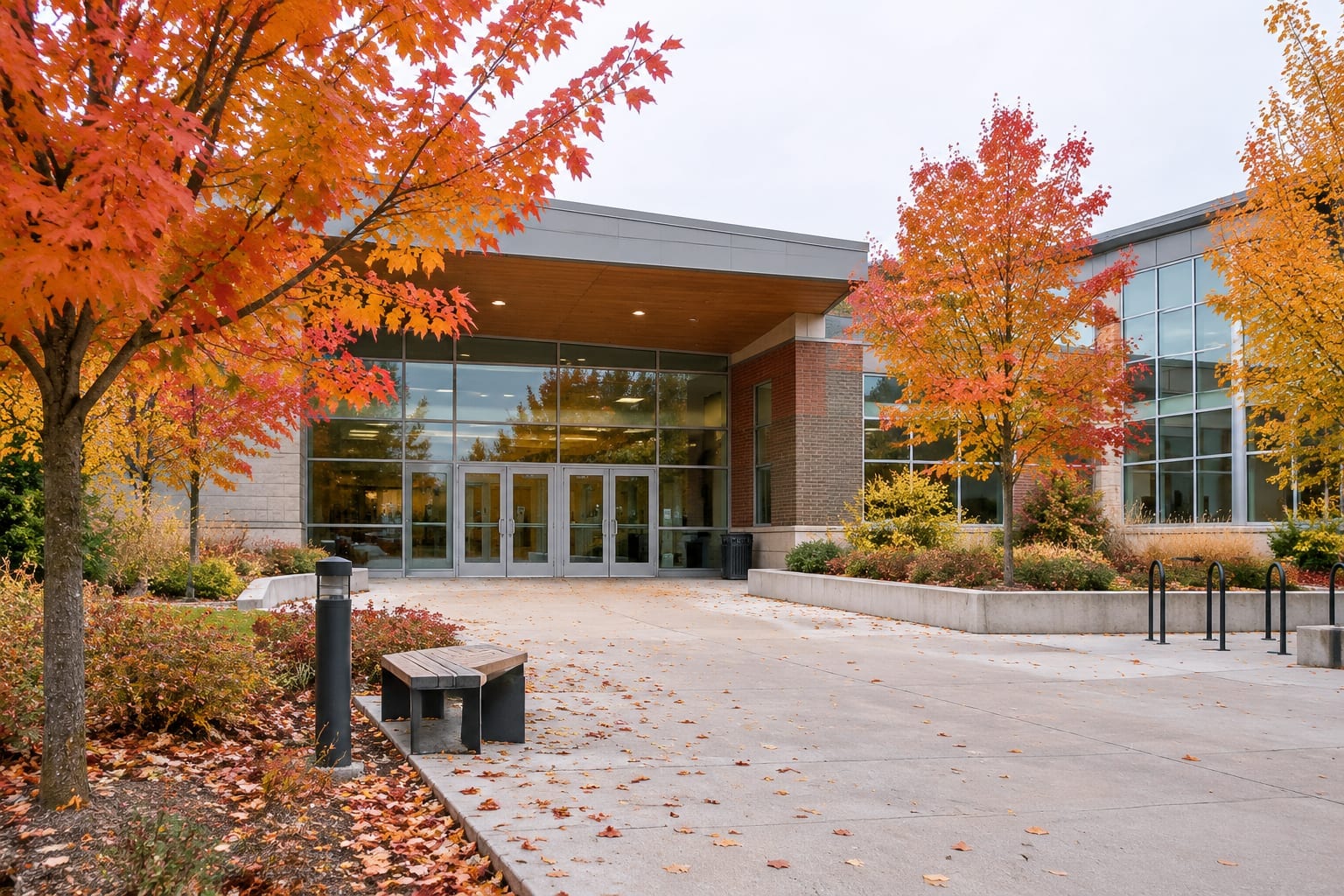 An Ottawa community centre in autumn with maple trees along the walkway