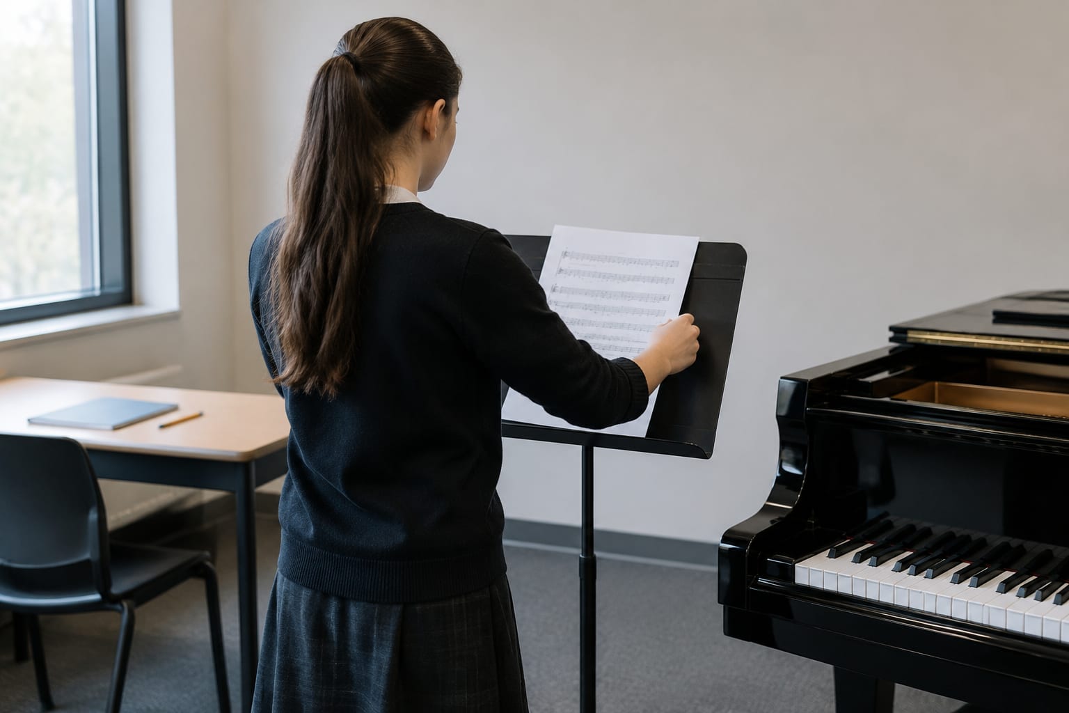 A student placing sheet music on a stand in a quiet exam room