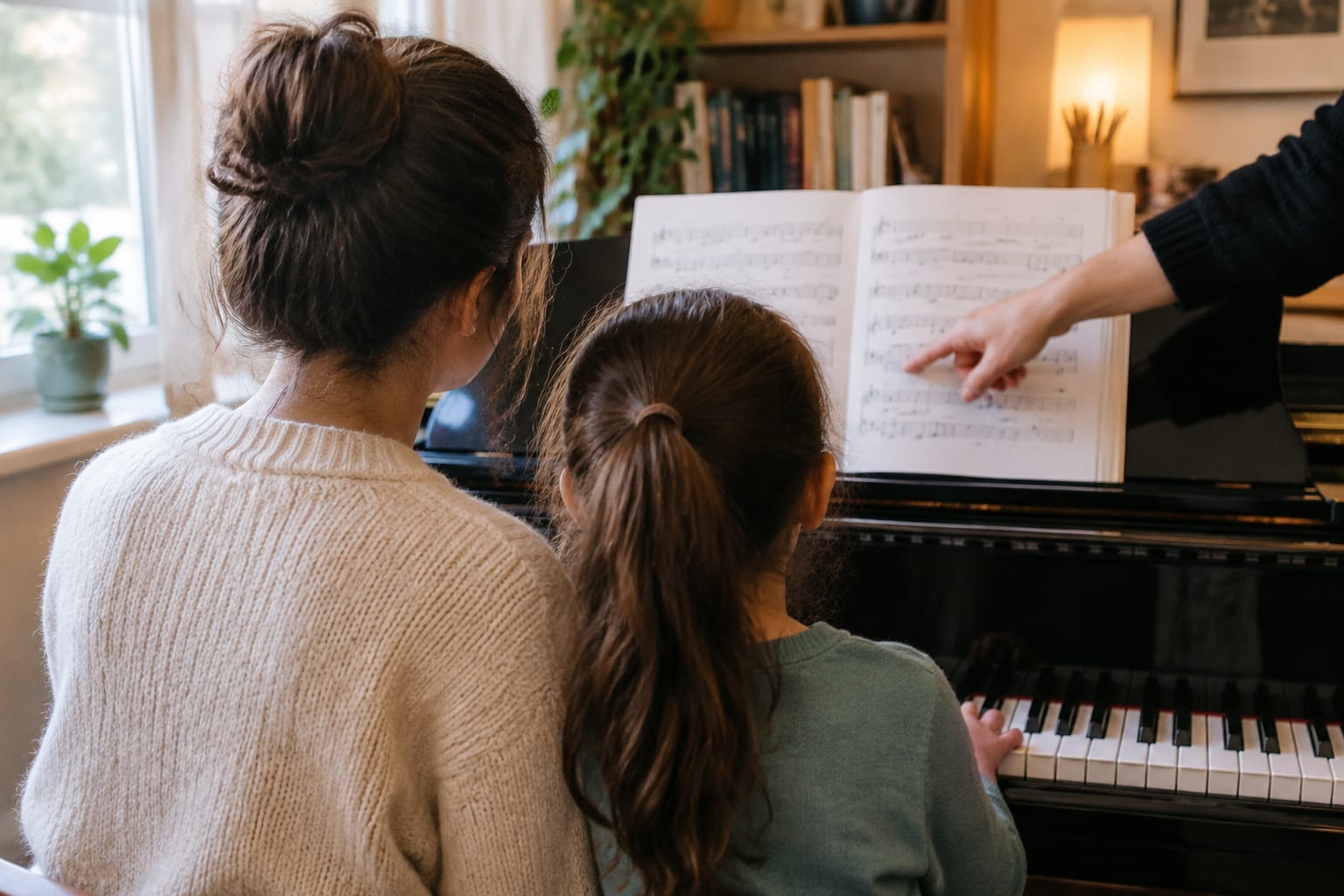 A parent and child at a piano while a teacher points at sheet music