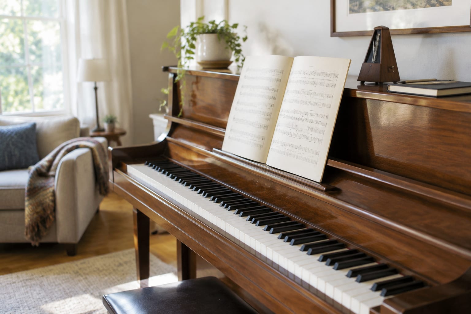 A piano with sheet music open on the stand in a bright Ottawa living room