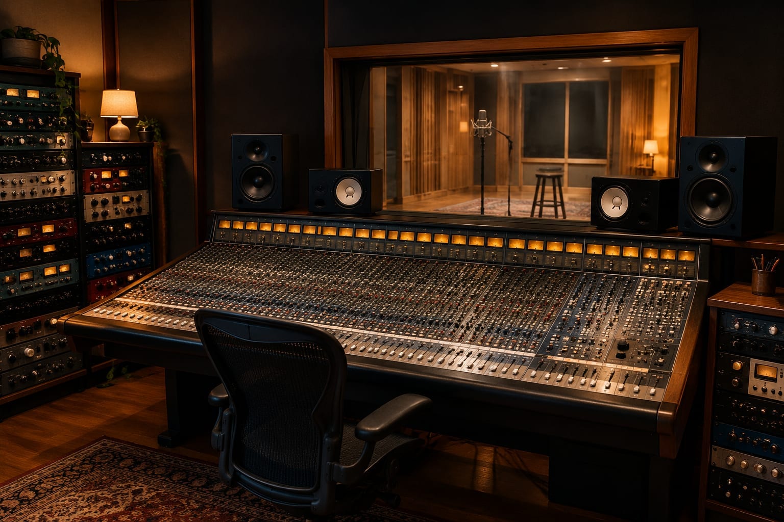 A studio control room with a mixing console and a window onto a live room