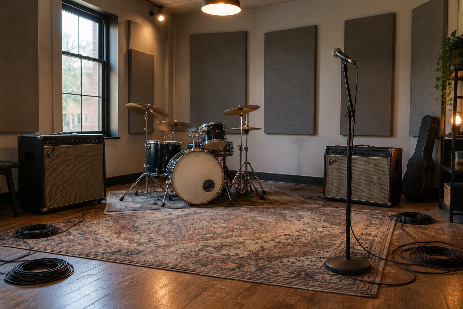 A drum kit, two amplifiers and a microphone in an empty rehearsal room