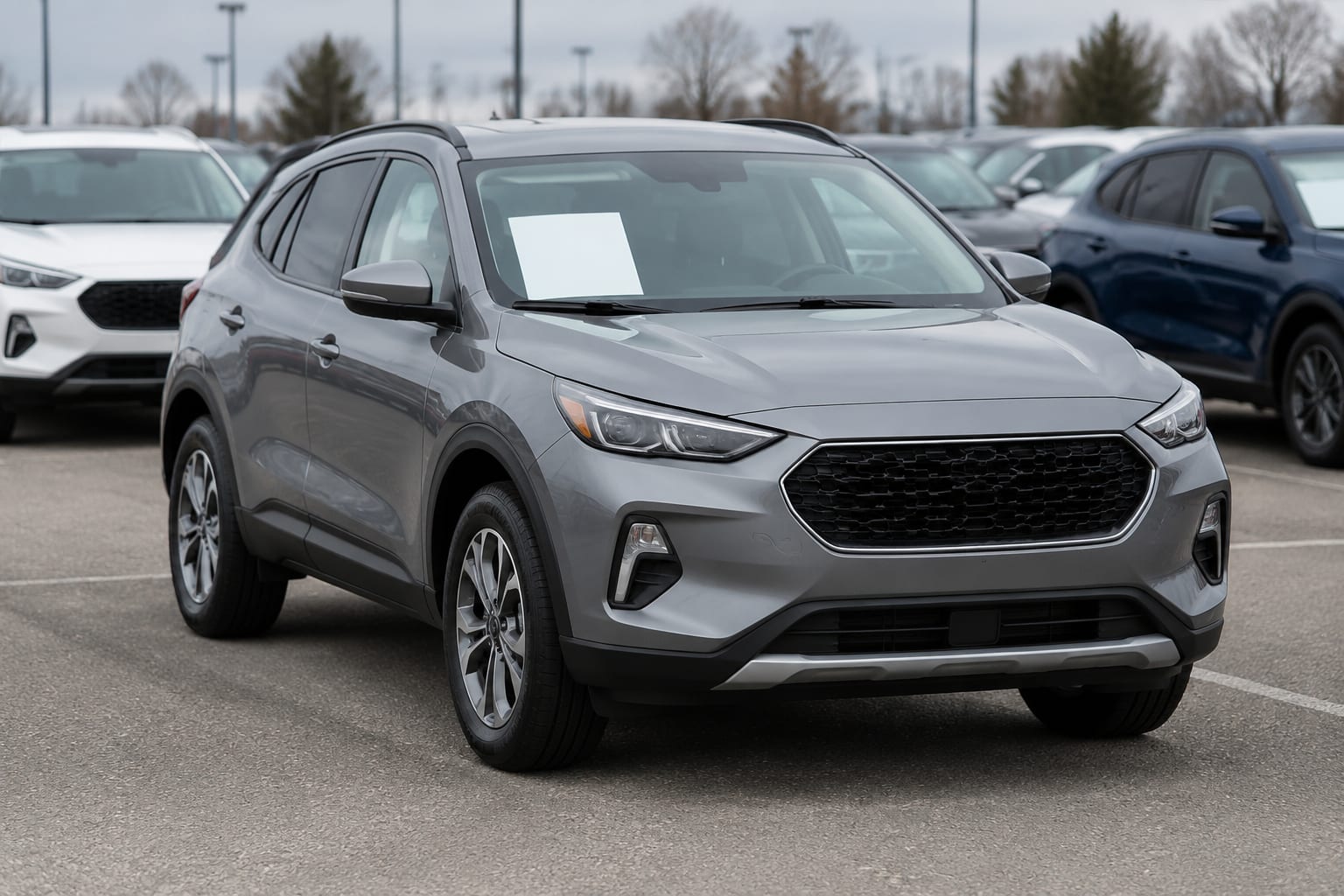 A new compact SUV with a window price sheet on display in a dealership lot in Ottawa