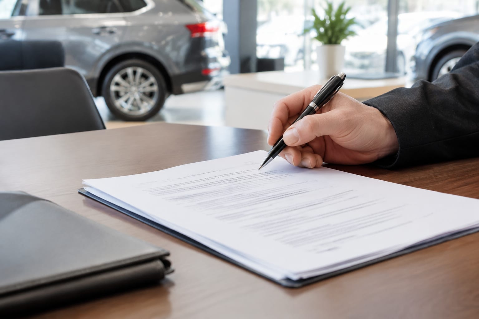 A buyer reading a vehicle contract at a desk with a pen in hand in a bright dealership office