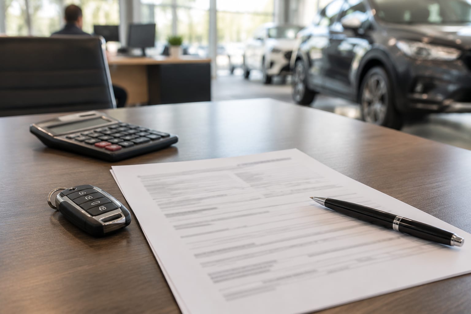 A salesperson's desk with a printed bill of sale, a pen and a calculator beside a car key