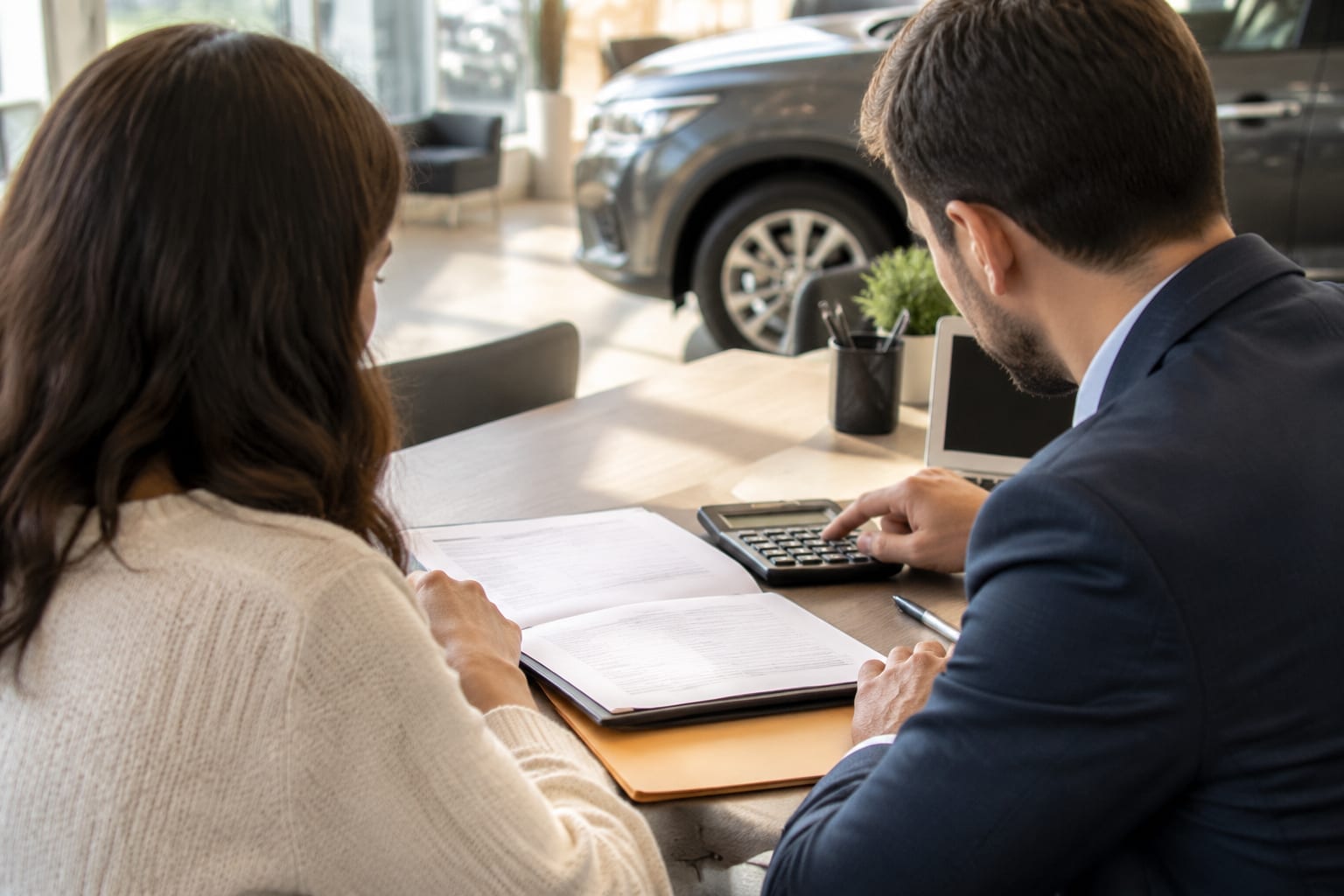 A couple reviewing loan paperwork with a calculator at a dealership desk