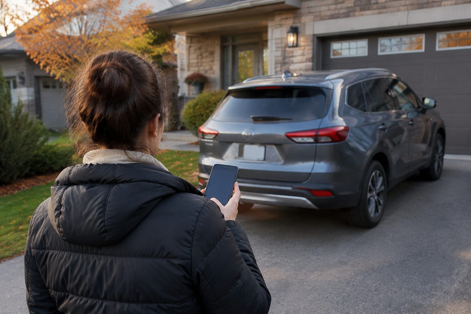A driver holding a phone showing a digital insurance card beside a new car in a driveway