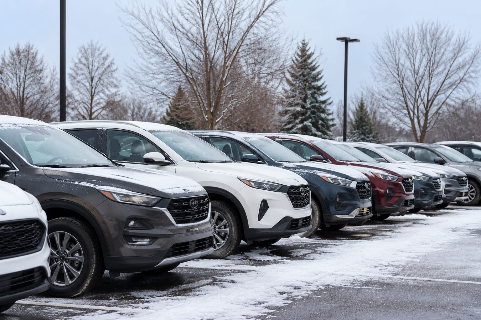 A dealership lot with rows of new vehicles dusted with the first snow of the season in Ottawa
