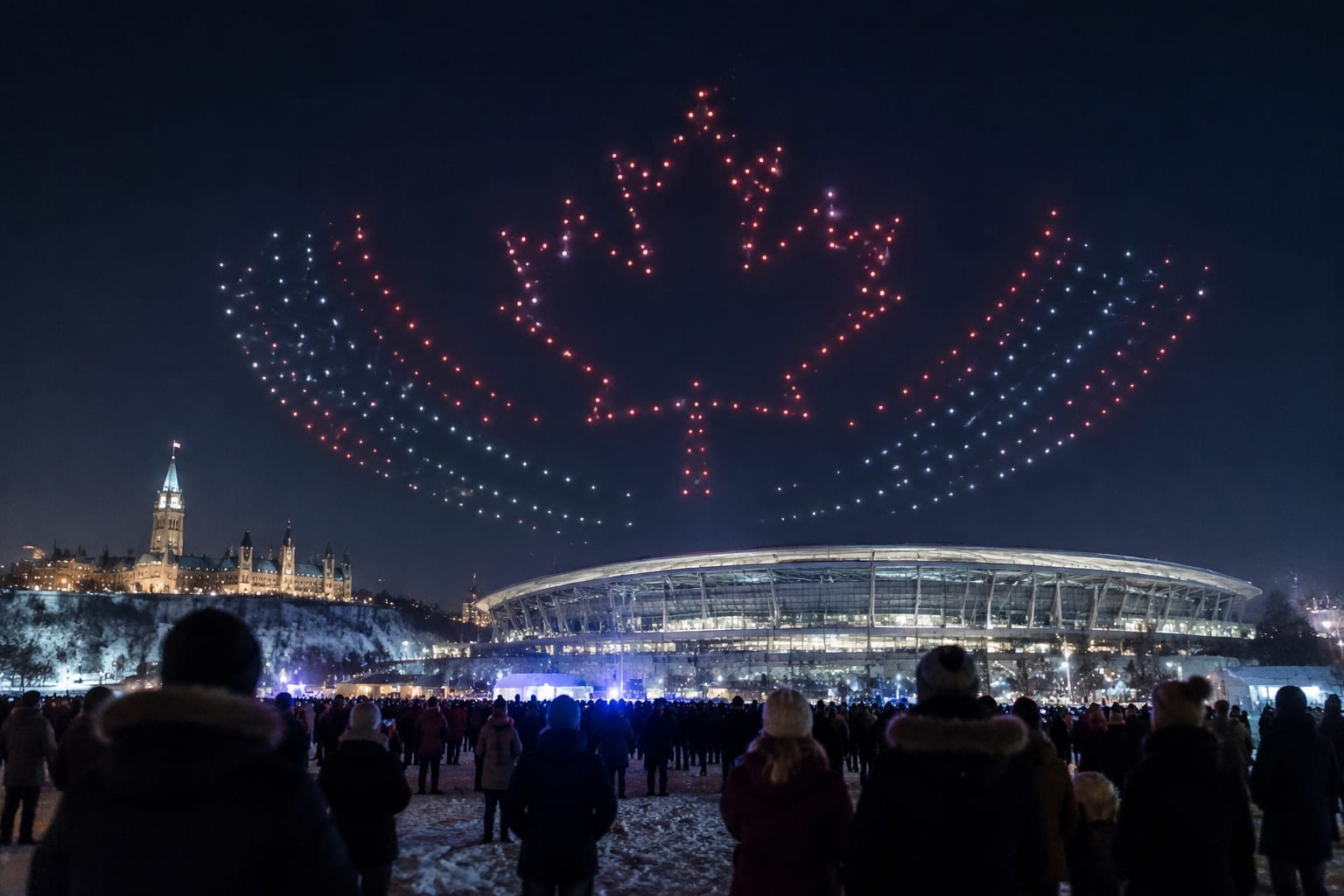 Lit drones forming patterns in the night sky above a stadium and winter crowd
