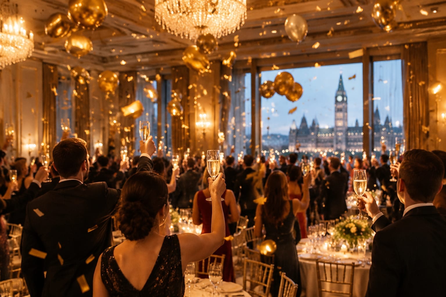 Guests raising champagne flutes as gold balloons and confetti fall at a midnight party