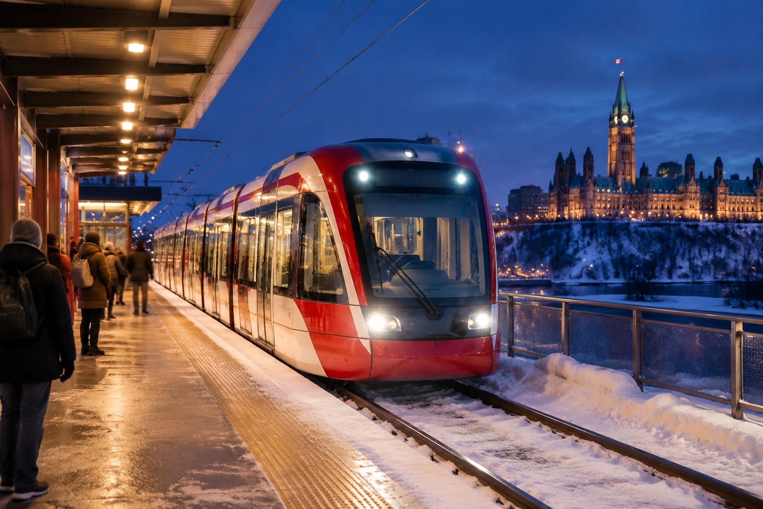 Light-rail train arriving at a snowy elevated station at night with waiting passengers