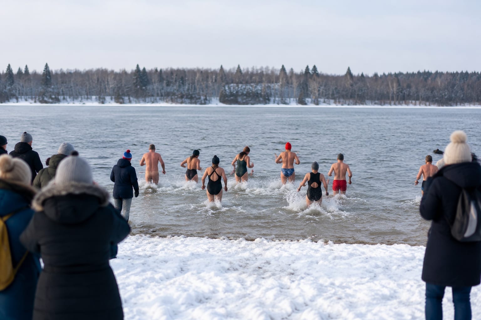Swimmers in toques running from a snowy beach into icy river water