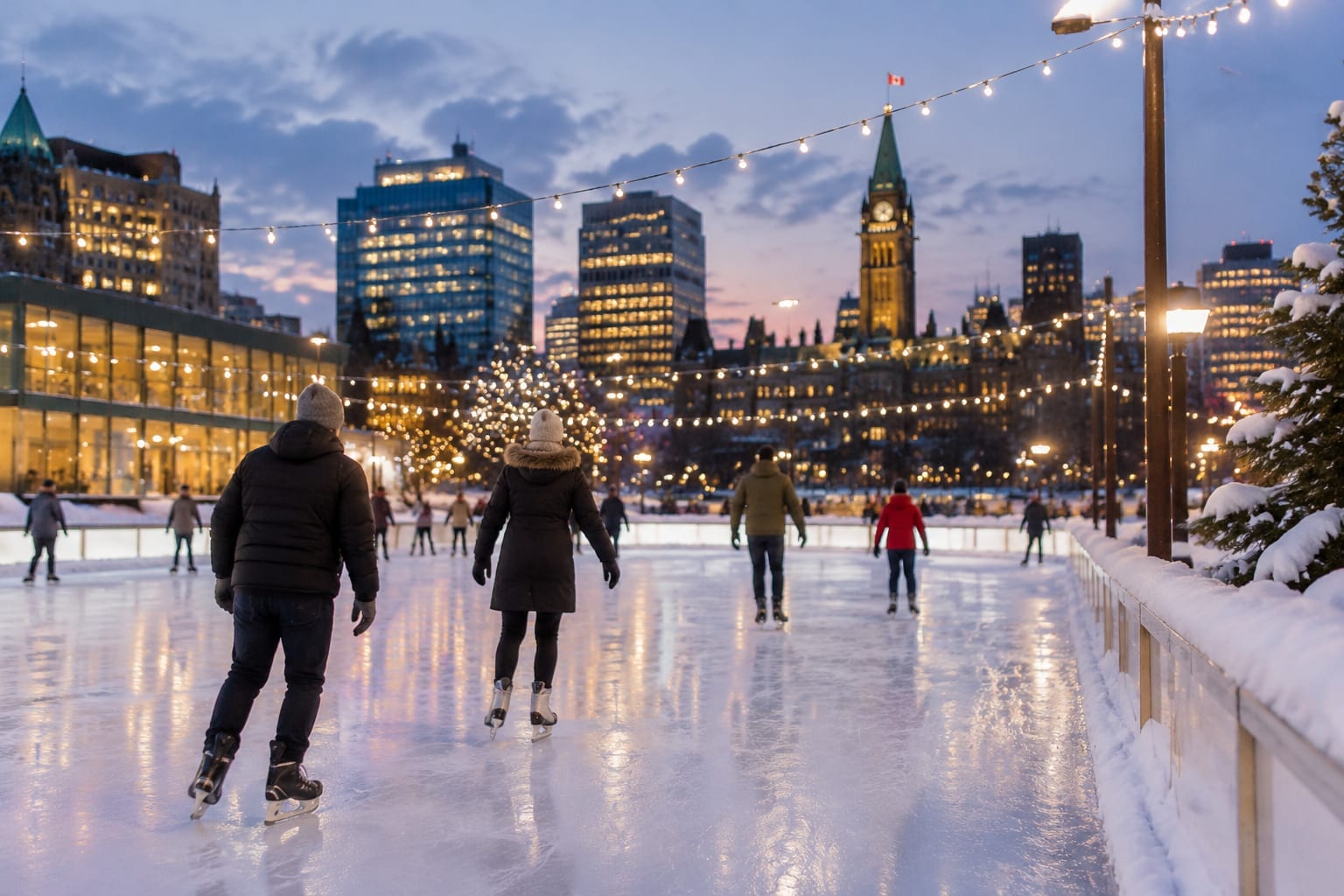 Skaters on an outdoor rink under white string lights beside downtown office towers at night