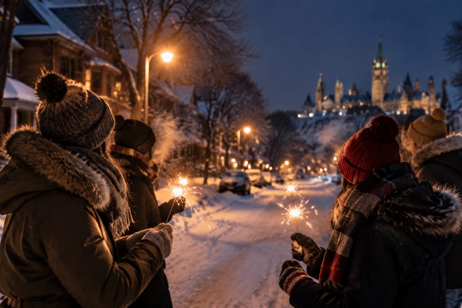 Friends in parkas, toques and scarves holding sparklers on a snowy street at night