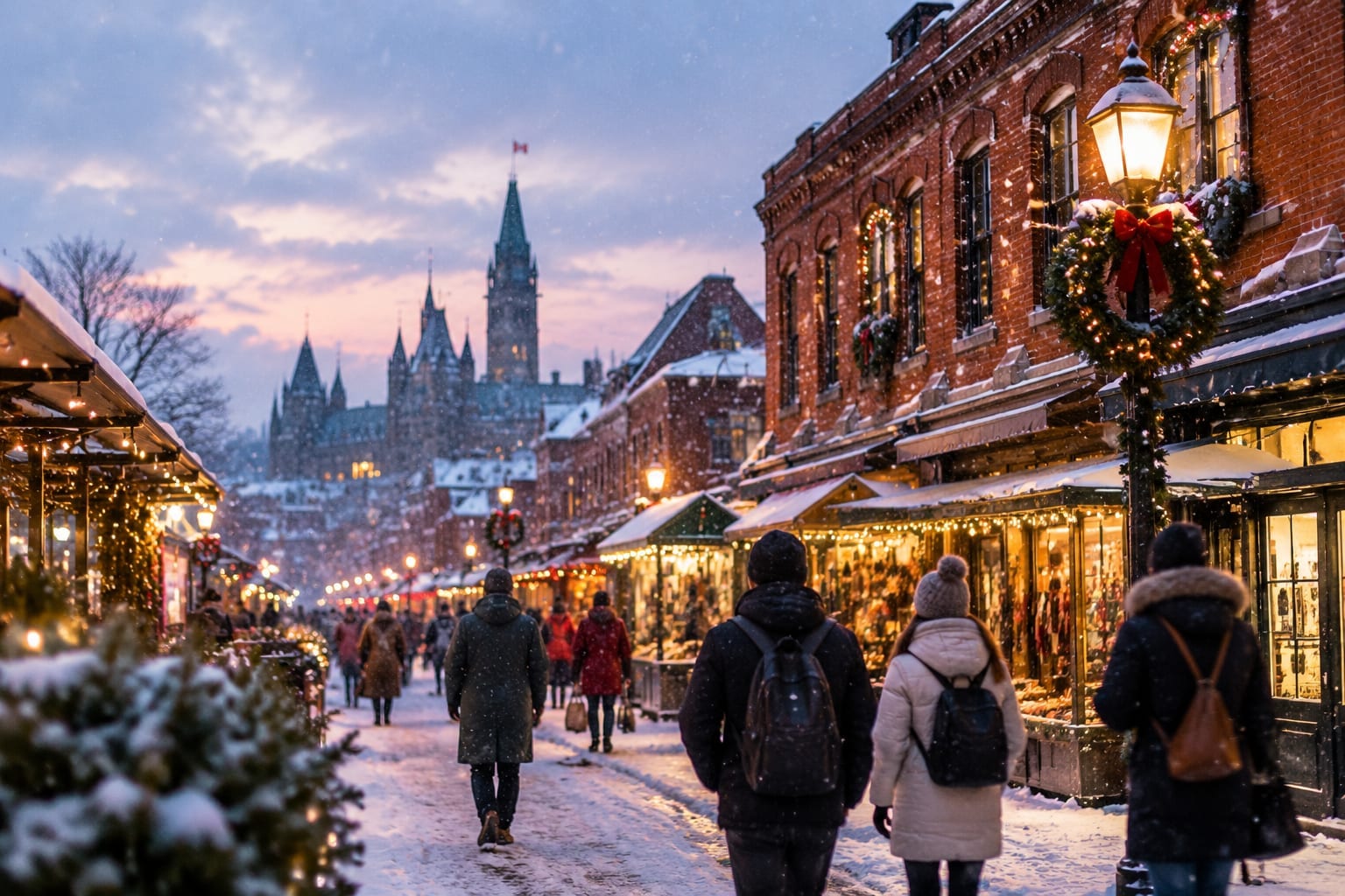 Snowy ByWard Market street at dusk with wreaths, string lights and shoppers in winter coats