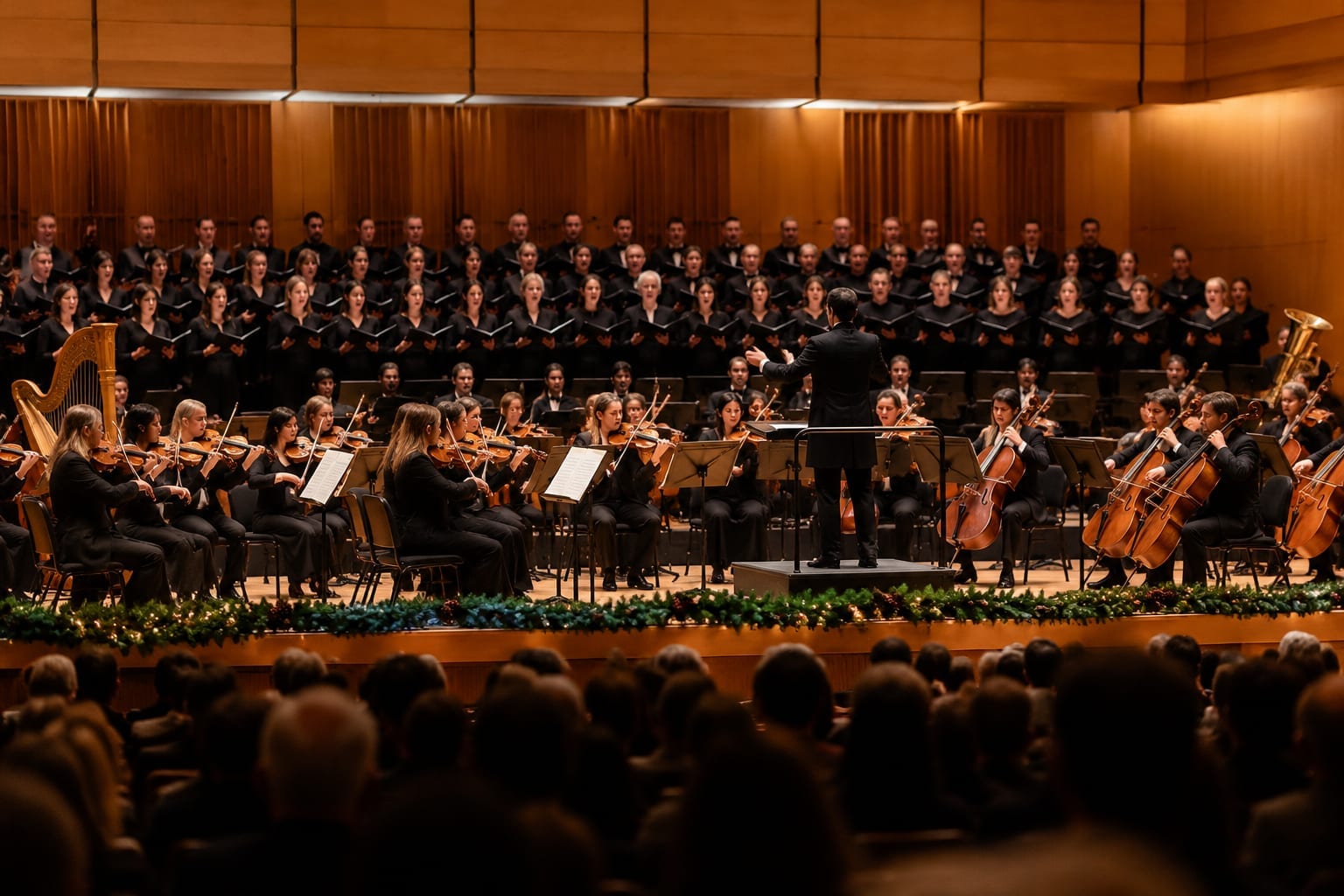 Orchestra and choir performing on a concert hall stage under warm holiday lighting