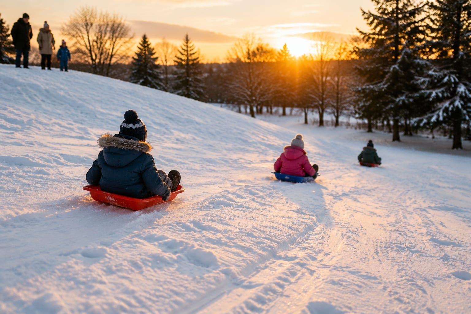 Children sliding down a snowy toboggan hill in an Ottawa park at sunset