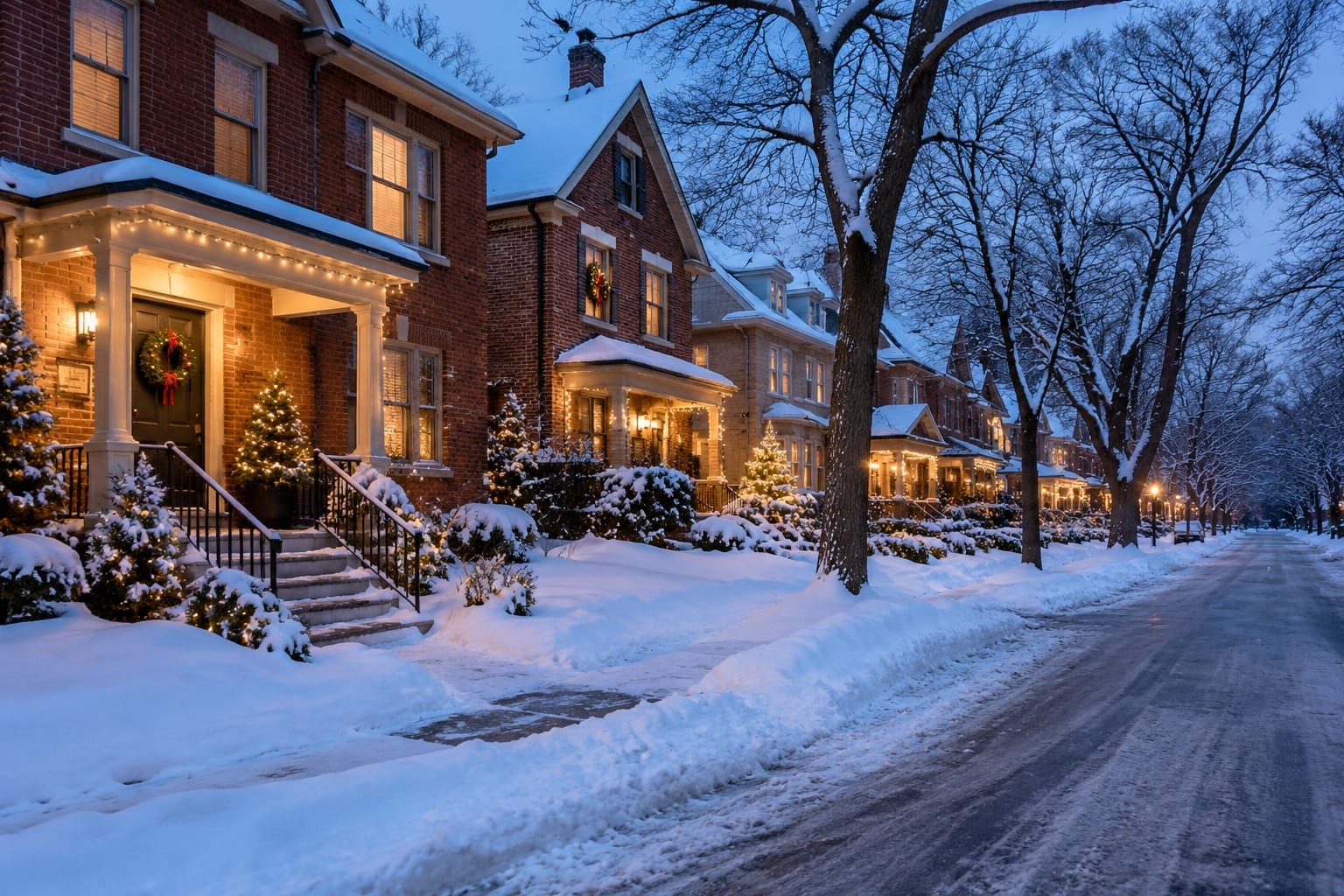 Quiet snowy residential street in Ottawa with houses decorated in holiday lights