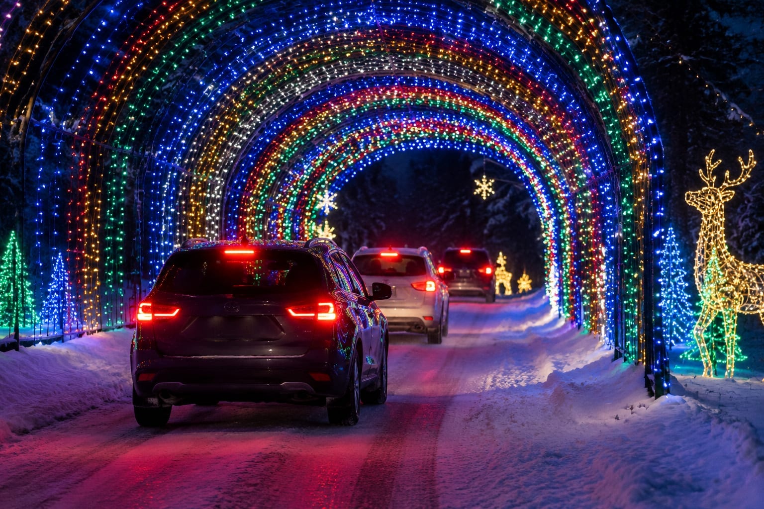 Cars driving slowly through a tunnel of colourful holiday lights on a winter night