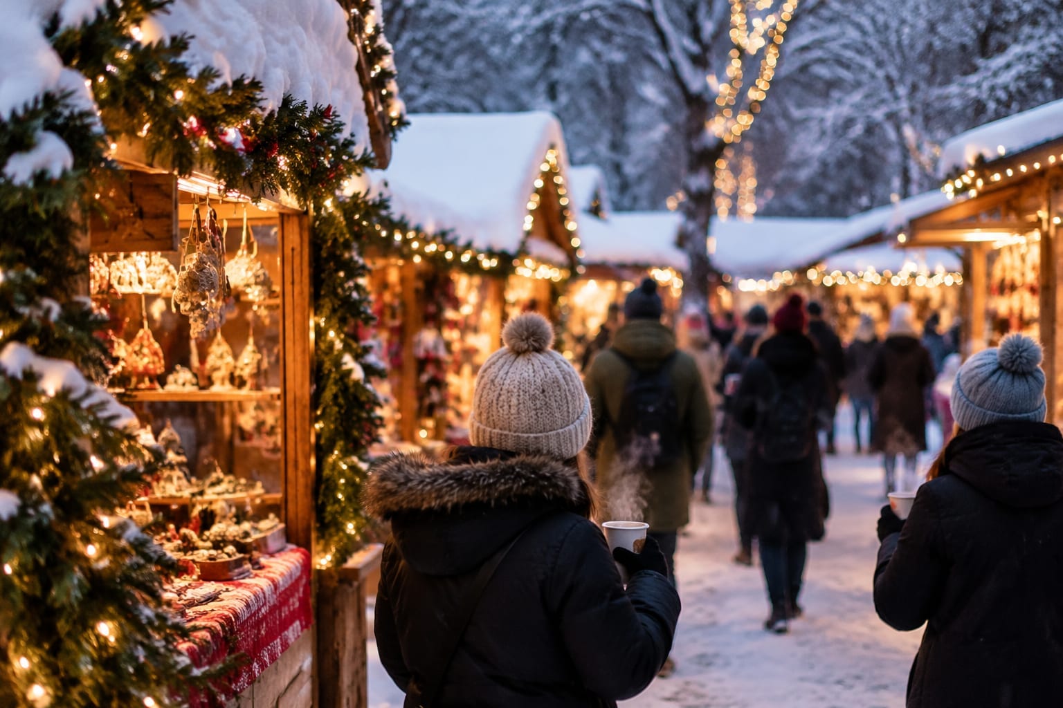 Wooden Christmas market stalls with snow on the roofs and visitors holding warm drinks