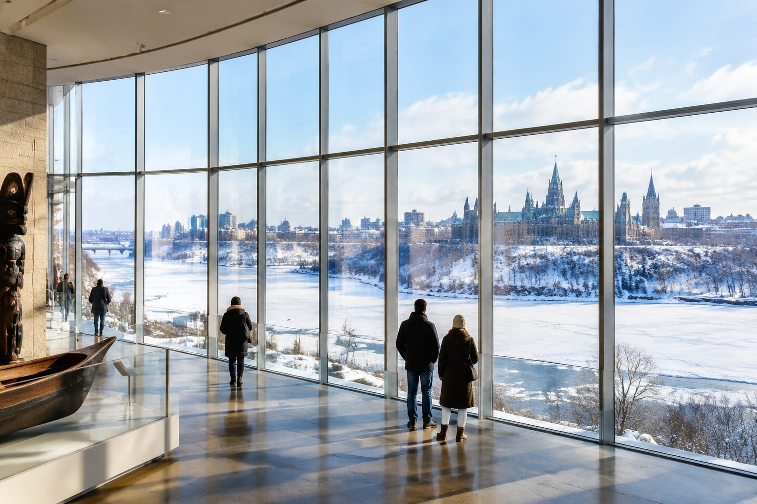 Large museum hall with tall windows overlooking a frozen river on a bright winter day