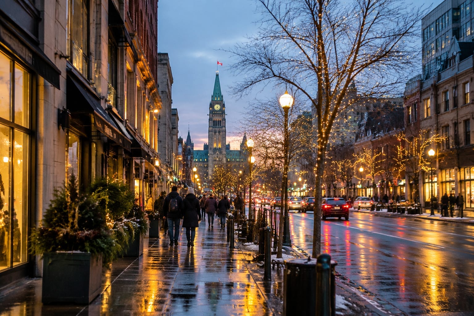 Downtown Ottawa street at dusk in November with wet pavement and early holiday lights