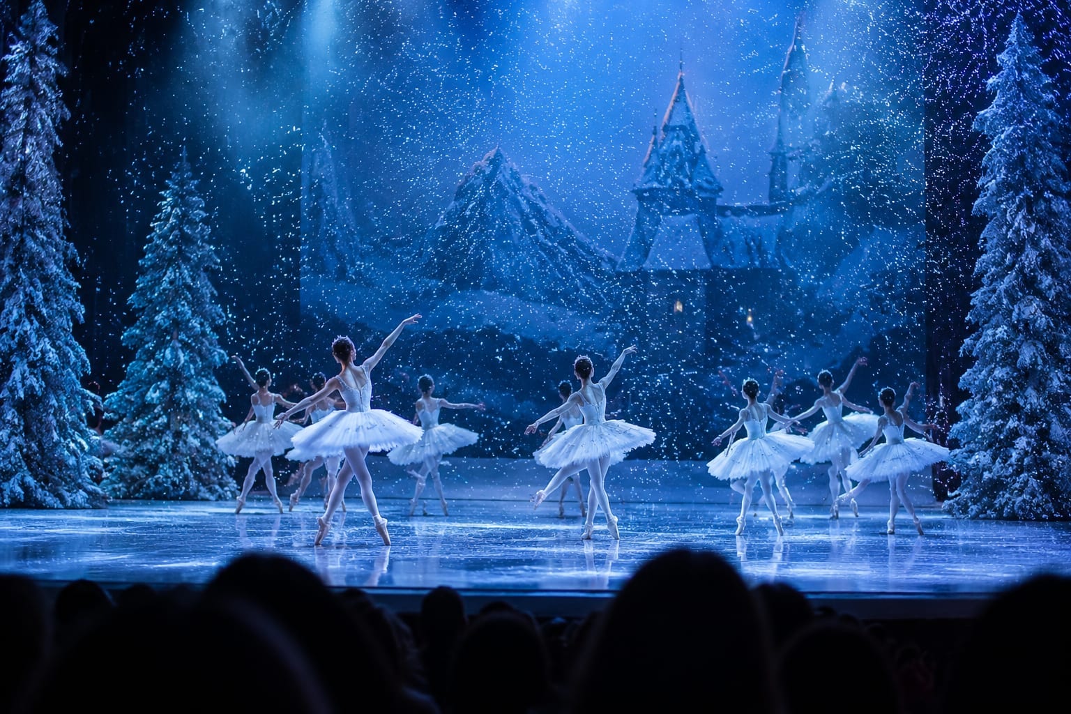 Ballet dancers performing a snowy winter scene on a theatre stage under blue light