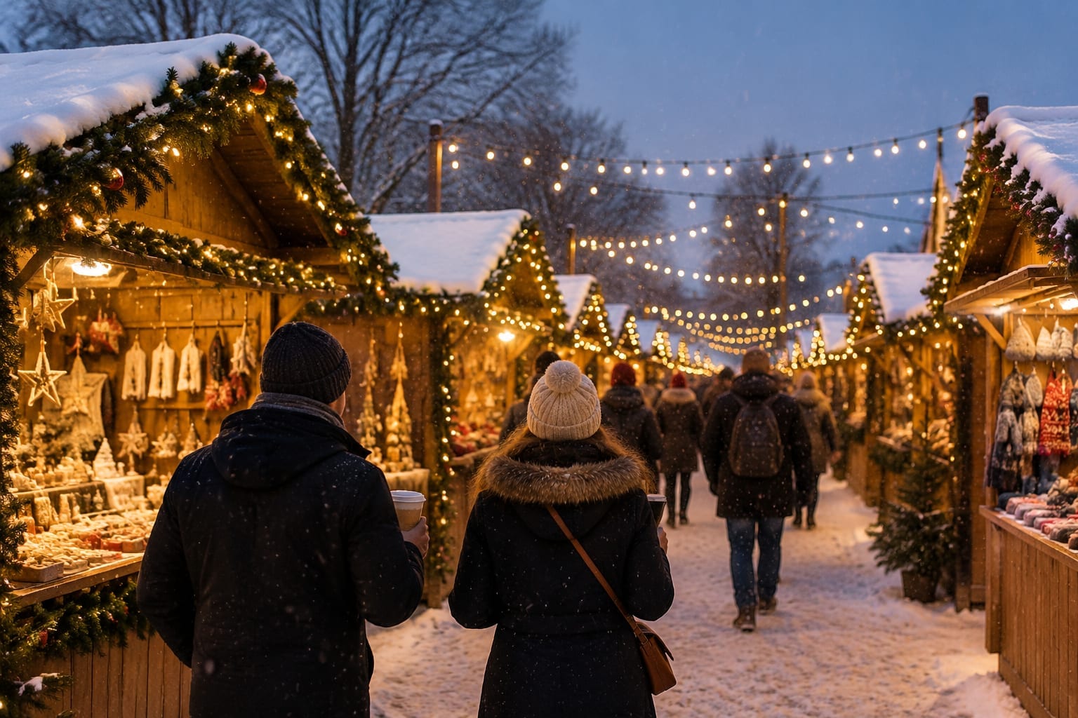 Outdoor Christmas market with wooden chalets and string lights at dusk in light snow