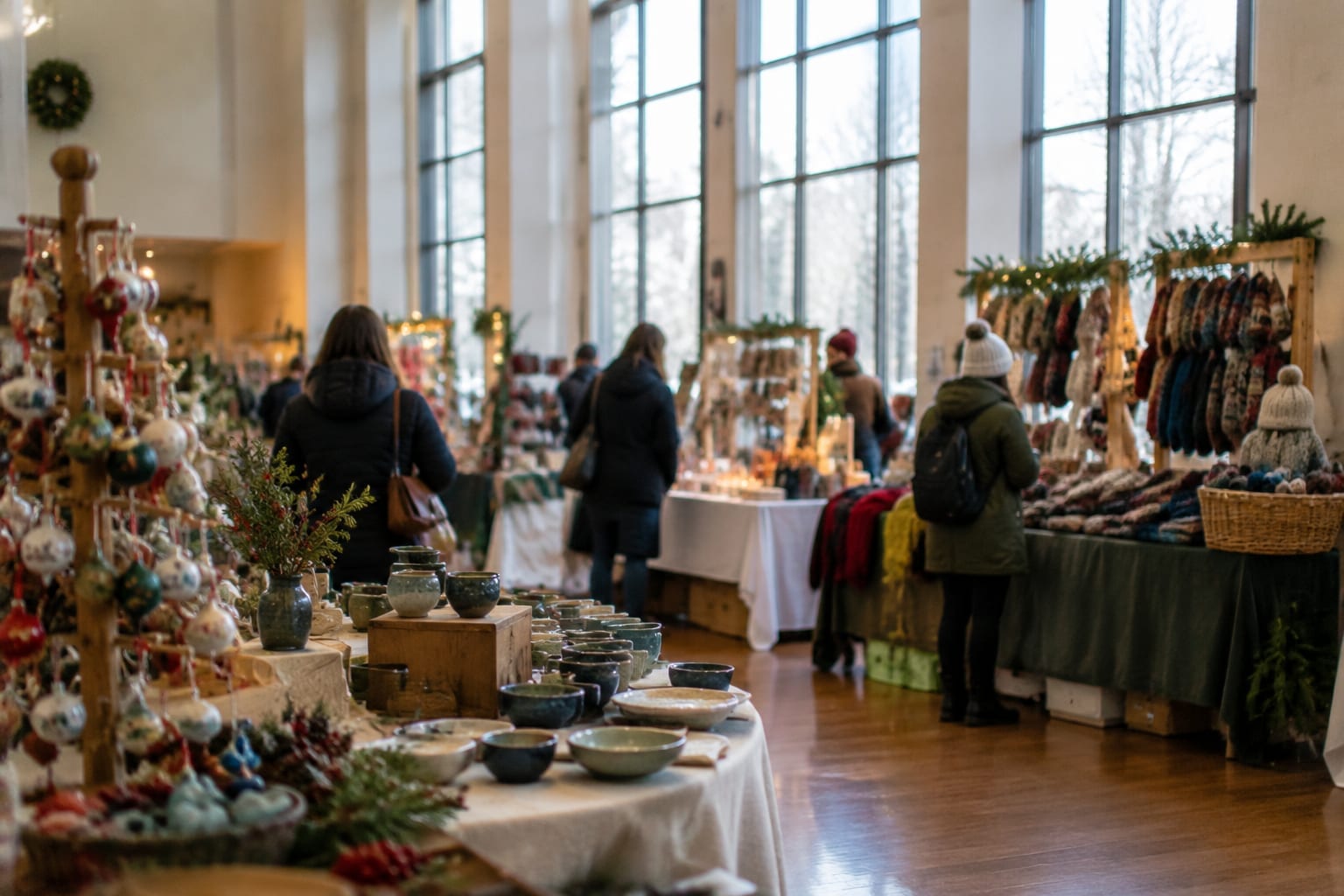 Indoor holiday craft market with handmade ornaments and knitwear on vendor tables