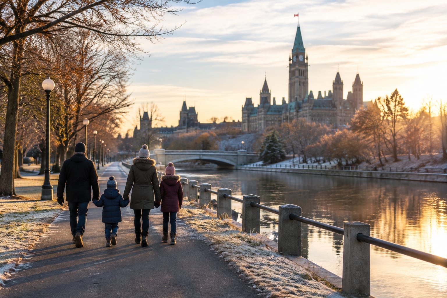 Family in winter coats walking along the frosty Rideau Canal path on a November afternoon