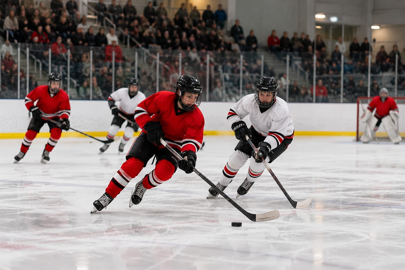 Junior hockey game in a busy arena with fans in the stands and players chasing the puck