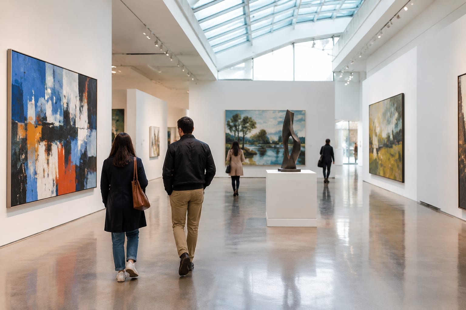 Visitors walking through a bright contemporary art gallery with large artworks on white walls