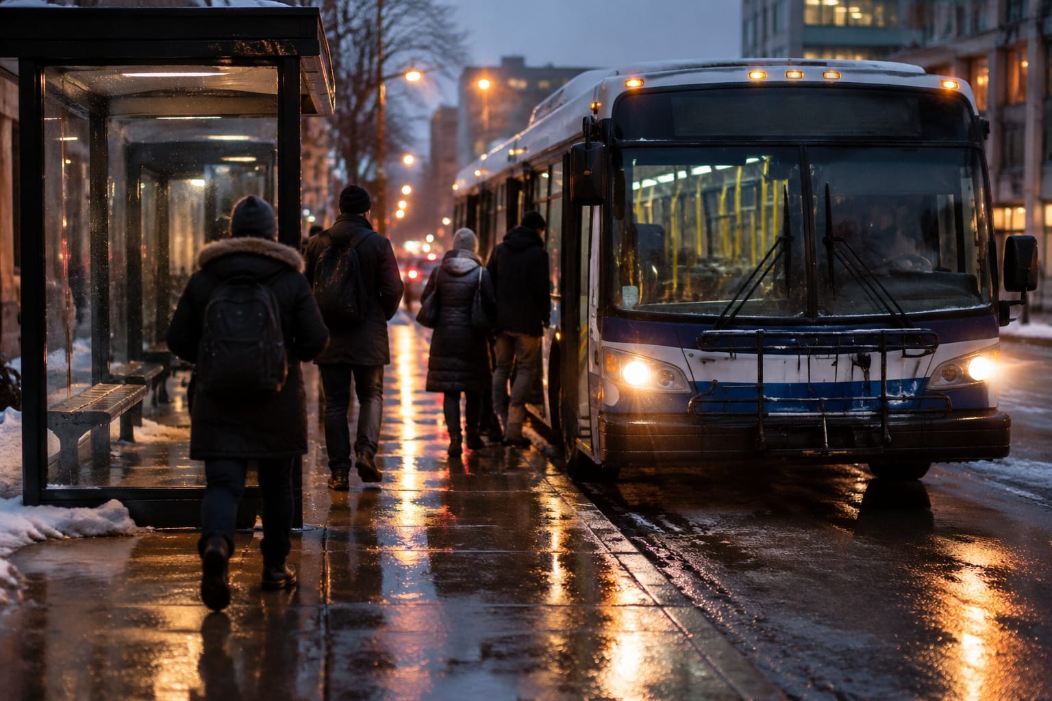 City bus stopped at a downtown Ottawa stop on a dark, damp November evening